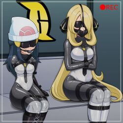 Rule 34 | 2girls, age difference, ball gag, beanie, belt, blindfold, blonde hair, blue hair, bodysuit, bound, bound arms, bound legs, breasts, captured, commentary request, cynthia (pokemon), dawn (pokemon), defeat, female focus, gag, gagged, hair ornament, hairclip, harness, hat, highres, large breasts, latex, latex bodysuit, long hair, multiple girls, nintendo, nkgw, poke ball print, pokemon, pokemon dppt, recording, saliva, sidelocks, sitting, slave, small breasts, team galactic, two-tone bodysuit, very long hair, viewfinder, white hat
