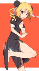 1girl absurdres alternate_costume black_dress blonde_hair bun_cover china_dress chinese_clothes cure_yum-yum delicious_party_precure double_bun dress fighting_stance flats hair_bun highres hiji_rida looking_at_viewer magical_girl mandarin_collar precure puffy_short_sleeves puffy_sleeves red_eyes short_hair short_sleeves side_slit solo v-shaped_eyebrows