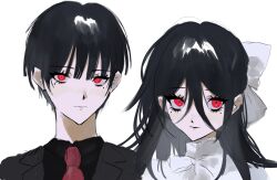 Rule 34 | 1boy, 1girl, akai ringo (eveyuno), black hair, bow, frills, hair bow, highres, long hair, looking at viewer, necktie, original, red eyes, white background