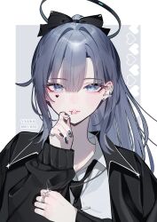 1girl absurdres alternate_costume black_bow black_halo black_jacket black_nails black_necktie blue_archive bow earrings face_piercing hair_bow halo heart_sticker highres jacket jewelry kamiyama_sumu lip_piercing long_hair long_sleeves looking_at_viewer mechanical_halo nail_polish necktie parted_lips piercing ponytail purple_eyes purple_hair ring shirt simple_background solo sticker_on_face stud_earrings white_shirt yuuka_(blue_archive)