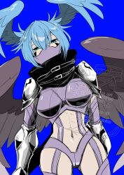 1girl 48mokopon bikini blue_background blue_hair blue_wings breasts brown_wings cowboy_shot digimon digimon_(creature) digimon_frontier facial_mark feathered_wings head_wings highres large_breasts looking_at_viewer mask mouth_mask navel purple_bikini shutumon simple_background solo swimsuit wings