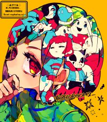 3girls 3others 4boys alphys animal_ears artist_name asriel_dreemurr black_tank_top blue_eyes blue_jacket blue_shirt brown_eyes brown_hair brown_shorts chara_(undertale) closed_eyes commentary_request eyepatch fish_girl frisk_(undertale) furry furry_female ghost goat_ears goat_girl goat_horns green_sweater hand_on_own_chin horns jacket mettaton mettaton_ex multiple_boys multiple_girls multiple_others napstablook papyrus_(undertale) repikinoko reptile_girl robot sans_(undertale) shirt short_hair shorts skeleton striped_clothes striped_shirt sweater tank_top toriel undertale undyne yellow_background