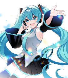 1girl aqua_eyes aqua_hair aqua_necktie arm_up armpits black_skirt boots breasts detached_sleeves grey_shirt hair_between_eyes hair_ornament hatsune_miku headphones highres long_hair long_sleeves looking_at_viewer masumofu medium_breasts necktie open_mouth pleated_skirt shirt simple_background skirt sleeveless sleeveless_shirt smile solo thigh_boots twintails very_long_hair vocaloid white_background wide_sleeves