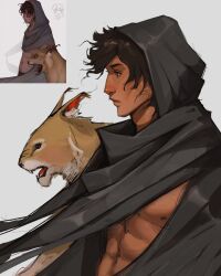 abs black_cloak black_eyes black_hair black_scarf cloak cougar dark-skinned_male dark_skin from_side highres hood hood_up messy_hair nipples original pectorals reference_inset sam_yang scarf short_hair