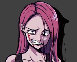1girl bare_shoulders black_tank_top chromatic_aberration clenched_teeth collarbone colored_skin commentary grey_background hair_behind_ear highres long_hair looking_at_viewer my_little_pony my_little_pony:_equestria_girls my_little_pony:_friendship_is_magic nocturnalsky pink_skin pinkamena_diane_pie pinkie_pie pinkie_pie_(equestria_girls) portrait simple_background solo straight_hair tank_top teeth uneven_eyes v-shaped_eyebrows
