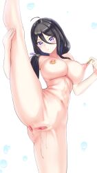 Rule 34 | 1girl, ahoge, anus, black hair, breasts, censored, clitoris piercing, commission, completely nude, dolphin wave, expressionless, highres, large breasts, looking at viewer, menmon, mosaic censoring, navel, navel piercing, nipple piercing, nipple pull, nipple rings, nipple stimulation, nude, piercing, pixiv commission, purple eyes, pussy, pussy juice, pussy piercing, side ponytail, solo, split, standing, standing on one leg, standing split, suminoe shion