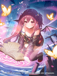 Rule 34 | 1girl, :o, bare shoulders, bat hair ornament, bat wings, black boots, black shirt, blush, book, boots, breasts, cleavage, collarbone, commentary request, copyright notice, double-parted bangs, full body, hair ornament, long hair, long sleeves, nei (z/x), official art, open book, open mouth, reading, red eyes, red hair, serino itsuki, shirt, solo, thighhighs, twintails, white thighhighs, wings, z/x