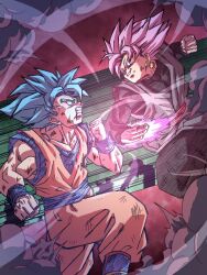 2boys arm_blade battle black_pants black_shirt blue_eyes blue_hair blue_sash blue_shirt clenched_hands dougi dragon_ball dragon_ball_super earrings energy_blade goku_black grey_eyes grey_tunic jewelry male_focus medium_hair missing_commentary multiple_boys orange_pants orange_shirt pants pink_hair potara_earrings red_sash sash shirt son_goku spiked_hair super_saiyan super_saiyan_blue super_saiyan_rose tunic weapon yuyu09010316