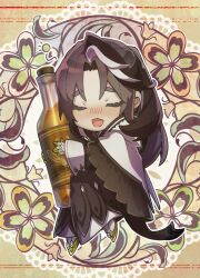 1boy :d alcohol asymmetrical_sidelocks bell-bottoms black_cape black_hair black_robe blush boots bottle brass_knuckles cape chibi closed_eyes creatures_(company) cuff_links doily drunk floral_background full_body game_freak gen_8_pokemon gloves hair_flaps highres hood hood_down hooded_cape hugging_object legendary_pokemon lollypopcandy8050 long_hair long_sleeves male_focus multicolored_hair nintendo open_mouth outline pants parted_bangs personification pokemon robe sidelocks sleeve_cuffs smile solo streaked_hair two-sided_cape two-sided_fabric urshifu urshifu_(rapid) weapon white_boots white_cape white_hair white_outline white_pants wide_sleeves yellow_background yellow_gloves