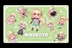 Rule 34 | black skirt, blonde hair, blush, bow (weapon), breasts, breasts out, chibi, cleavage, dress, elf, garter straps, heart, heart-shaped pupils, holding, holding bow (weapon), holding weapon, huge breasts, large breasts, leotard, long hair, medium hair, melonbooks, miniskirt, ninoko, original, playboy bunny, pointy ears, sample watermark, school uniform, skirt, sticker (medium), sylpha (ninoko), symbol-shaped pupils, thighhighs, watermark, weapon, white dress, white thighhighs