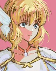 1girl armor blonde_hair blue_eyes close-up closed_mouth collarbone commentary edaori fire_emblem fire_emblem:_thracia_776 hair_ornament highres jewelry looking_afar nanna_(fire_emblem) nintendo odaibako pendant pink_background short_hair shoulder_armor simple_background solo wing_hair_ornament