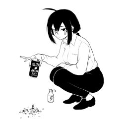 1girl ahoge braid breasts can canned_coffee cigarette collared_shirt commentary drink_can english_commentary full_body glasses holding holding_cigarette medium_breasts monochrome original pants shirt sidelocks single_braid solo squatting yblndr