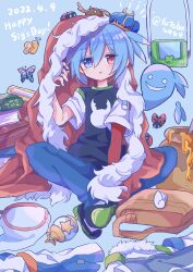 1boy :o absurdres artist_name bag beetle between_legs black_shirt blue_background blue_eyes blue_hair blue_pants book book_stack bug butterfly butterfly_net cape clothes_on_floor dated futaba969649 hand_between_legs hand_net hand_up happy_birthday heterochromia highres honeypot insect knees_apart_feet_together ladybug looking_at_viewer male_focus messy_room official_alternate_costume on_floor pants parted_lips print_shirt puyopuyo puyopuyo_quest red_eyes shirt short_hair short_sleeves sig_(puyopuyo) simple_background sitting solo split_mouth straight-on terrarium unworn_bag unworn_cape white_sleeves