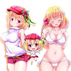1girl ^_^ amyi arched_back bare_shoulders bikini blonde_hair blush breasts breasts_squeezed_together bursting_breasts chibi closed_eyes collarbone cowboy_shot embarrassed hair_between_eyes happy hat koucha_rakkyo large_breasts looking_at_viewer multiple_views navel open_mouth red_eyes red_hat ribbon sabrina_to_muryoku_na_tamashii short_hair simple_background sleeveless sleeveless_sweater sleeveless_turtleneck solo standing sweater swimsuit thighs turtleneck turtleneck_sweater w_arms white_bikini white_sweater