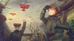 1girl 2boys absurdres aircraft airplane black_gloves black_hair blonde_hair cloud cloudy_sky coat combat_helmet day fuura gloves grey_coat hat helmet highres holding holding_shovel imperial_german_army imperial_german_flying_corps long_sleeves military_uniform military_vehicle multiple_boys original outdoors pickelhaube propeller_fighter red_eyes red_hair short_hair shovel sky tree trench triplane world_war_i
