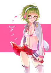 1girl antenna_hair bad_id bad_pixiv_id blush book bra breasts character_name cleavage clothes_lift digital_media_player female_focus glasses green_hair gumi headphones heart jacket lingerie midriff navel open_clothes open_jacket panties pantyshot plaid_clothes plaid_skirt short_hair skirt skirt_lift small_breasts smile solo thighhighs tukino_(panna) underwear upskirt vocaloid
