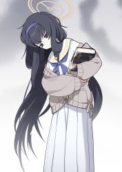 Rule 34 | 1girl, abstract background, absurdres, blue archive, blue eyes, blue hair, blue neckerchief, book, brown cardigan, cardigan, commission, commissioner upload, crossed bangs, feet out of frame, garasuhokou, grey background, half-closed eyes, halo, highres, holding, holding book, holding stomach, jewelry, leaning forward, long hair, long skirt, long sleeves, looking down, mechanical halo, neckerchief, necklace, nervous, oversized clothes, pleated skirt, raised eyebrows, school uniform, serafuku, skirt, solo, stomach ache, sweat, two-tone background, ui (blue archive), very long hair, wavy mouth, white background, white serafuku, white skirt, wide sleeves