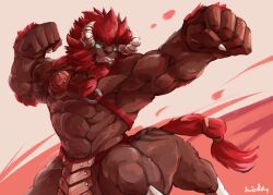1boy abs artist_name bara centaur claws clenched_teeth commentary english_commentary facing_viewer flexing furry furry_male horns lynel male_focus mane muscular muscular_male nintendo pectorals sharp_teeth tail taur teeth the_legend_of_zelda the_legend_of_zelda:_breath_of_the_wild topless_male waddledox_(waddy)