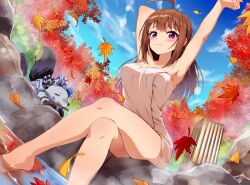 1girl ahoge armpits arms_up blush breasts brown_hair commentary_request crossed_legs falling_leaves fox ginkgo_leaf idolmaster idolmaster_million_live! kamille_(vcx68) key leaf light_smile long_hair looking_at_viewer maple_leaf medium_breasts mouth_hold naked_towel onsen outdoors redrawn rope shimenawa sitting solo steam towel yokoyama_nao