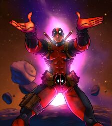 1boy asteroid bodysuit deadpool deadpool_(series) fourth_wall holding marvel marvel_snap mike_krahulik muscular muscular_male official_alternate_costume official_art penny_arcade red_bodysuit red_mask space superhero_costume sword sword_on_back two-tone_bodysuit weapon weapon_on_back x-men