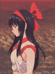 1990s_(style) 1girl ainu_clothes black_hair blue_eyes breasts expressionless field from_side hair_ribbon half-closed_eyes highres long_hair medium_breasts nakoruru retro_artstyle ribbon samurai_spirits sideboob snk solo sunset the_king_of_fighters