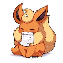 absurdres animal_focus closed_eyes closed_mouth eating fang flareon gen_1_pokemon highres homework nintendo no_humans paper pokemon pokemon_(creature) pokemon_focus sevi_(seviyummy) simple_background sitting smile tail white_background