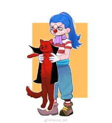 1boy animal animalization ascot black_cape blue_hair blue_pants buggy_the_clown cape cat closed_mouth clown_nose full_body holding holding_animal holding_cat male_focus one_piece pants ponytail purple_ascot red_cat shanks_(one_piece) shirt socks standing striped_clothes striped_shirt striped_socks unamused vamos_mk