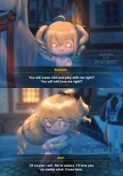 2girls aged_down barbara_(genshin_impact) crying english_text genshin_impact highres holding_hands hug jean_(genshin_impact) multiple_girls siblings sisters tears twitter valerieks