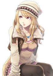 10s 1girl bare_shoulders beanie black_thighhighs blonde_hair brown_eyes brown_thighhighs cropped_jacket detached_sleeves dress enmto female_focus fringe_trim fur_trim hat jacket jewelry karina_lyle lips lipstick long_hair makeup necklace simple_background sitting sleeveless sleeveless_dress solo thighhighs tiger_&amp;_bunny wavy_hair white_background zettai_ryouiki