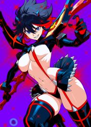 1girl absurdres black_hair blue_eyes blush boots breasts high_heel_boots high_heels highres kill_la_kill large_breasts matoi_ryuuko midriff navel red_hair short_hair skirt solo thigh_boots thighhighs underboob