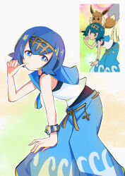 Rule 34 | 1girl, absurdres, black one-piece swimsuit, blue eyes, blue hair, blue pants, bracelet, bright pupils, closed mouth, commentary request, eevee, gen 1 pokemon, hairband, hand up, highres, jewelry, lana (pokemon), leaning, nintendo, one-piece swimsuit, pants, pokemon, pokemon (anime), pokemon sm (anime), reference inset, shirt, short hair, shuminmin, sleeveless, sleeveless shirt, swimsuit, swimsuit under clothes, wave print, white pupils, white shirt, z-ring