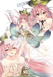 1boy 1girl 218 blush breasts brown_eyes cleavage closed_mouth dress floral_dress full_body giant giantess granblue_fantasy green_dress hair_between_eyes hand_grab holding_person long_hair looking_at_another looking_at_viewer low_twintails medium_breasts monster_girl multiple_views open_mouth petals pink_hair plant_girl pov revealing_clothes shrinking silhouette simple_background size_difference smile solo_focus strapless strapless_dress translated twintails very_long_hair white_background white_dress yggdrasil_(granblue_fantasy)