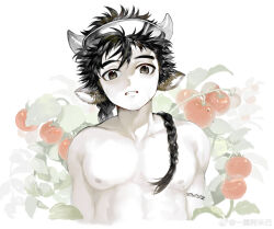 1boy abs animal_ears arknights bara braid chinese_commentary commentary_request cow_boy cow_ears cow_horns highres horns looking_at_viewer male_focus muscular muscular_male nipples pectorals sweat tomato tomato_plant topless_male visor_cap wan_qing_(arknights) watermark weibo_watermark white_background yi_tan_a_mi_ba