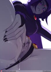 1girl anus artist_name biting_own_lip black_leotard black_panties blush breasts cape censored chrysalisdraws clitoris colored_pussy colored_skin covered_erect_nipples dc_comics fingernails forehead_jewel from_below gem grey_skin hand_on_own_thigh highleg highres image_sample knees_out_of_frame large_breasts leotard looking_at_viewer mosaic_censoring panties patreon_logo patreon_sample patreon_username purple_cape purple_eyes purple_hair purple_hood pussy_juice raven_(dc) red_gemstone shade sharp_fingernails short_hair simple_background smile solo spread_pussy spreading_own_pussy thighs underwear white_background