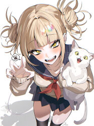 1girl absurdres animal black_thighhighs blonde_hair blue_sailor_collar blue_skirt blunt_bangs blush boku_no_hero_academia brown_shirt cat claw_pose double_bun fangs hair_bun haze_(ohw8g) highres holding holding_animal holding_cat looking_at_viewer messy_hair neckerchief open_mouth red_neckerchief sailor_collar shirt sidelocks skirt solo thighhighs toga_himiko yellow_eyes