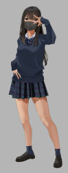 1girl absurdres bare_shoulders black_mask blue_socks bow bowtie bra breasts brown_eyes brown_hair collared_shirt full_body green_bra green_panties grey_background grey_sweater highres loafers long_hair looking_at_viewer mask mouth_mask navel original panties plaid_clothes plaid_skirt pleated_skirt po-i-mu school_uniform shirt shoes skirt small_breasts socks solo standing stomach sweater underwear v very_long_hair white_shirt