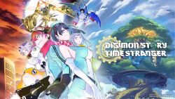 2girls 3boys aegiomon armor bare_shoulders bat_(animal) belt black_eyes black_hair blue_eyes breasts brown_hair building copyright_name copyright_request digimon digimon_(creature) digimon_story:_time_stranger dress goat_horns goggles goggles_on_head gold_armor gomamon green_dress green_eyes green_jacket grey_hair gun halo head_wings highres holding holding_gun holding_weapon horns jacket jupitermon jupitermon_wrath_mode large_breasts misono_inori multicolored_jacket multiple_boys multiple_girls official_art patamon picodevimon second-party_source short_dress short_hair skyscraper sleeveless sleeveless_dress sunset tonami_kanji tree trigger_discipline two-tone_jacket weapon white_dress white_jacket wings yasuda_suzuhito yellow_eyes yuuki_dan yuuki_kanan