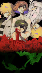 1girl 1other 4boys asuka_ryou black_background blonde_hair blood blood_on_hands blue_eyes breasts brown_eyes brown_hair brown_jacket cigarette completely_nude devilman devilman_(character) fudou_akira head_wings headband highres jacket makimura_miki multiple_boys multiple_persona multiple_views multiple_wings nude satan_(devilman) shirt short_hair smoking striped_clothes striped_shirt tami_tome_mo white_jacket wings