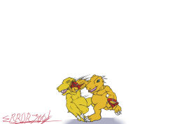 Rule 34 | agumon, agumon (digimon savers), digimon, digimon (creature), dinosaur, errork03, fighting, gloves, green eyes, highres, orange dinosaur, punching, signature, white background, yellow dinosaur