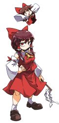 2girls amerika_zarigani ascot boots bow breasts brown_footwear brown_hair closed_mouth collared_shirt cookie_(touhou) detached_sleeves frilled_hair_tubes frills full_body gohei hair_between_eyes hair_bow hair_tubes hakurei_reimu hand_on_own_hip highres long_hair looking_at_viewer medium_breasts mini_person minigirl multiple_girls open_mouth red_bow red_eyes red_shirt red_skirt reu_(cookie) ribbon-trimmed_sleeves ribbon_trim sakenomi_(cookie) sarashi shirt shoes sidelocks simple_background skirt skirt_set sleeveless sleeveless_shirt socks standing touhou transparent_background triangle_mouth white_sleeves white_socks wide_sleeves yellow_ascot