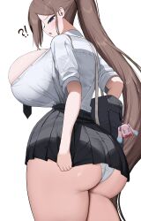 !? 1girl absurdres ass bag bag_charm black_skirt blush breasts brown_eyes brown_hair charm_(object) commentary_request highres huge_breasts long_hair nicorima original panties pleated_skirt ponytail school_bag school_uniform shirt short_sleeves sidelocks simple_background skirt solo standing thighs underwear white_background white_panties white_shirt
