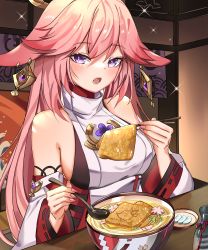 1girl absurdres animal_ears bare_shoulders blush bottle bowl breasts chopsticks earrings eating eyebrows_hidden_by_hair food fox_ears fox_girl genshin_impact hair_between_eyes highres holding holding_chopsticks holding_spoon indoors japanese_clothes jewelry kimono long_hair looking_at_viewer medium_breasts miko noodles open_mouth pink_hair plate purple_eyes rudang sake_bottle sideboob solo spoon tofu yae_miko
