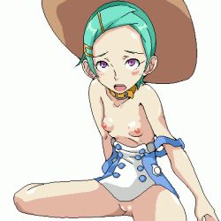 1girl blush breasts cl-55 clothes_lift collar eureka_(eureka_seven) eureka_seven eureka_seven_(series) female_focus green_hair hair_ornament hairclip hat ishichou_(idogaya) lowres nude open_clothes open_shirt purple_eyes shirt short_hair simple_background skirt skirt_lift solo