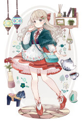 1girl apron bag blonde_hair blue_bag blue_capelet blue_eyes blush book bow bow_legwear braid capelet cat_ornament chain closed_mouth collared_shirt commentary corset cup earrings floating_hair floral_print flower flower_hairpin full_body hair_bow hair_ornament hairpin half_up_braid hand_up handbag hanging_light hanging_plant highres jewelry long_hair long_sleeves neck_ribbon original petticoat plant popped_collar potted_plant purple_corset red_bow red_flower red_ribbon red_shoes red_skirt red_trim ribbon shelf shirt shoes shoulder_bag skirt smile socks solo standing standing_on_one_leg striped_clothes striped_skirt swedish_clothes tassel teacup teapot teardrop_earrings tententuyu vase waist_apron wavy_hair white_apron white_shirt white_socks wooden_horse