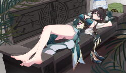 Rule 34 | 1girl, absurdres, aqua collar, aqua dress, aqua gloves, aqua shorts, architecture, arm up, bare legs, barefoot, bead necklace, beads, breasts, brown hair, cleavage, commentary, covered navel, critter pick (honkai: star rail), dna, dress, east asian architecture, flower, gloves, gokusaishiki (1376145360), green eyes, hair intakes, high heels, highres, honkai: star rail, honkai (series), jewelry, large breasts, layered dress, long hair, looking at viewer, lying, multicolored hair, necklace, on back, parted lips, ruan mei (honkai: star rail), shorts, soles, solo, streaked hair, thigh strap, toes, unworn footwear, white flower
