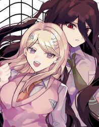 1boy 1girl :d akamatsu_kaede black_hair blonde_hair breast_pocket collared_shirt commentary danganronpa_(series) danganronpa_2:_goodbye_despair danganronpa_v3:_killing_harmony fortissimo green_necktie hair_between_eyes hair_ornament hairclip hakumai_(mgmg_okomee) hand_up highres in-franchise_crossover kamukura_izuru long_hair musical_note musical_note_hair_ornament necktie open_mouth orange_necktie parted_lips pink_sweater_vest pocket purple_eyes red_eyes shirt simple_background smile sweater_vest symbol-only_commentary teeth upper_body upper_teeth_only very_long_hair white_background white_shirt wing_collar