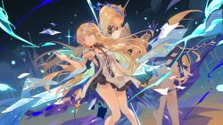 Rule 34 | 2girls, bare legs, bare shoulders, black collar, black dress, blonde hair, cartethyia (wuthering waves), collar, commentary, crown of thorns, dress, dual persona, earrings, fleurdelys (wuthering waves), hand up, highres, horns, jewelry, kirabunni, legs, long hair, multiple girls, necklace, pointy ears, sidelocks, single horn, tabard, tacet mark (wuthering waves), very long hair, white tabard, wuthering waves, yellow horns