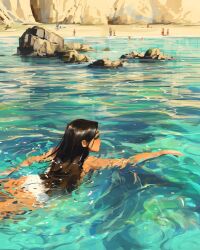 1girl 6+others beach bikini brown_hair commentary day english_commentary highres long_hair multiple_others original outdoors profile rock sam_yang solo_focus swimming swimsuit water white_bikini