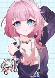 Rule 34 | 1boy, 1girl, absurdres, blue eyes, breasts, closed mouth, coat, commentary request, cyrene (honkai: star rail), dress, glowstick, grid background, heart, highres, holding, holding glowstick, honkai: star rail, honkai (series), jewelry, medium hair, multicolored hair, necklace, open mouth, phainon (honkai: star rail), pink hair, purple coat, s1gatu, short hair, small breasts, smile, two-tone hair, white dress, white hair