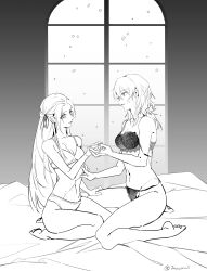 2girls absurdres barefoot bra breasts chinese_commentary commentary_request edelgard_von_hresvelg female_byleth_(fire_emblem) fire_emblem fire_emblem:_three_houses greyscale hand_on_another&#039;s_thigh highres holding_hands long_hair medium_breasts mo_(ine_mao) monochrome multiple_girls nintendo panties parted_lips scar scar_on_chest scar_on_stomach seiza sitting small_breasts strap_slip twitter_username underwear window yuri